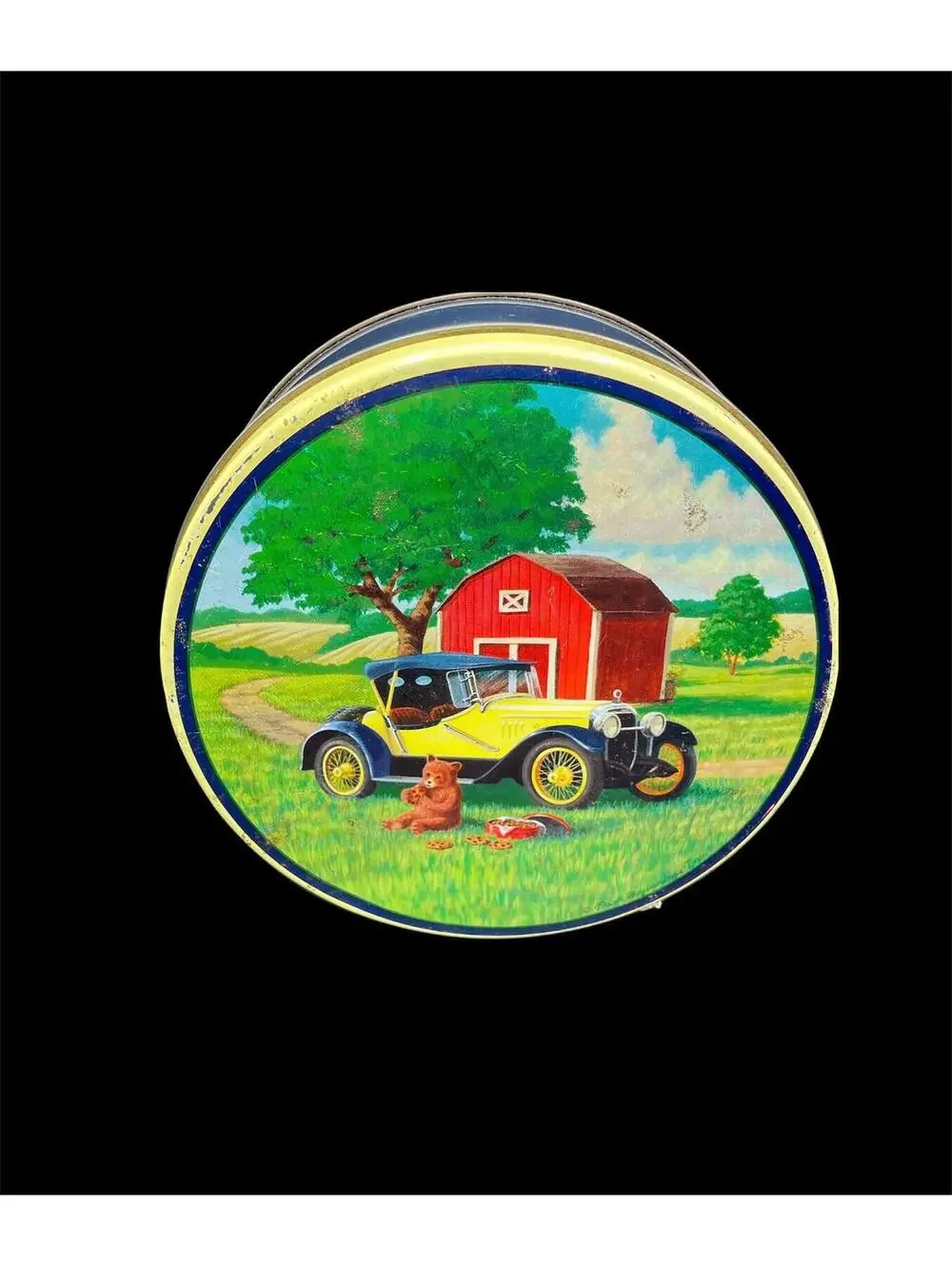 Vintage Cookie Tin: Round Farmhouse Kitchen Storage with Car & Barn